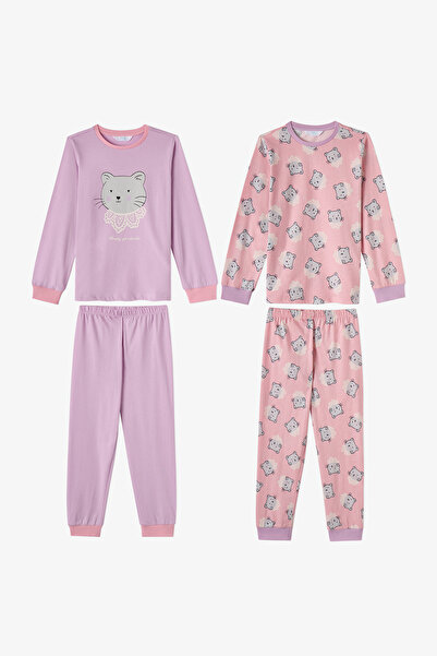Penti Kız Çocuk Pembe Dainty Kitty Pamuklu Uzun Kollu 2'li Pijama Takımı