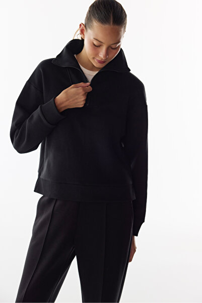 Penti Siyah Yarım Fermuarlı Şardonlu Sweatshirt