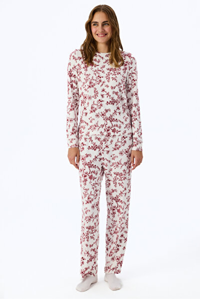 Penti Kırık Beyaz Rahat Çiçekli Uzun Kollu Pantolon Pijama Takımı