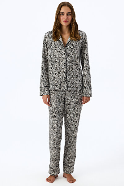 Penti Ekru Noir Garden Leopar Desenli Uzun Kollu Gömlek Pantolon Pijama Takımı