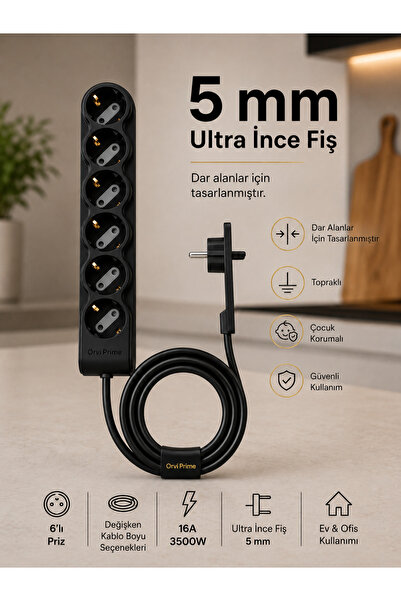 ORVİ prime 6’lı Topraklı Priz Uzatma Kablosu 1,5 m Siyah Ultra İnce Fişli Çoc...