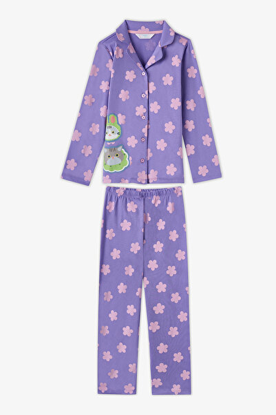 Penti Girl's Lilac Feel Better Cat Patterned Cotton Buttoned Long Sleeve Shir...