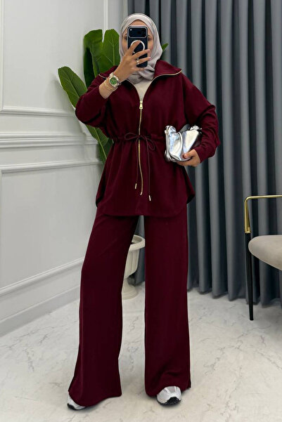 Mogi Butik Oversize Zippered Lace-Up Waist Modal Women's Suit 3184 Claret Red...