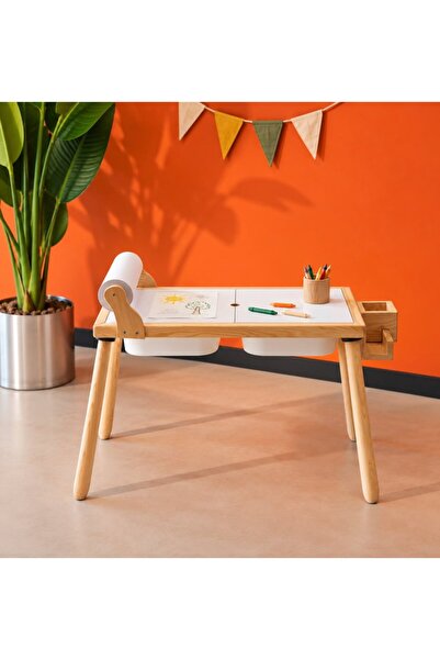Woodnjoy Doğal Ahşap Aktivite & Çalışma Masası( Rulo Aparatlı +kırtasiye Ista...