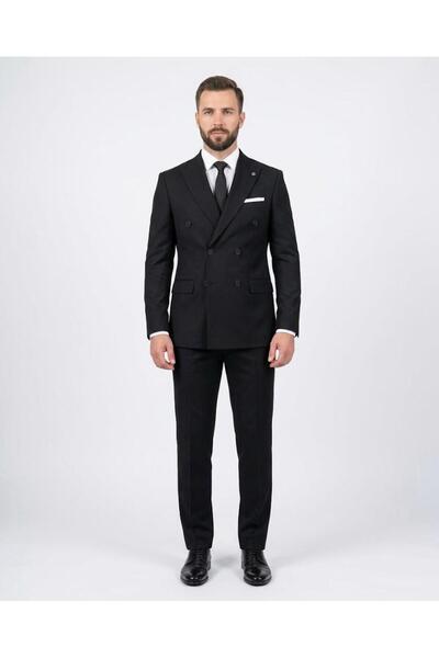 Presto Erkek 6 Drop Slim Fit Kruvaze Siyah Takım Elbise – İtalyan Kesim, Özel...