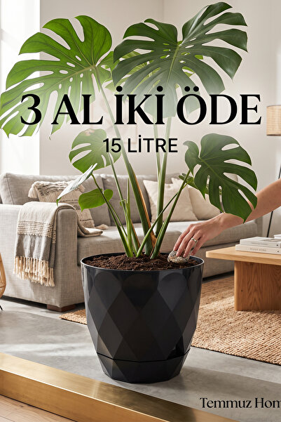 TEMMUZ HOME 15 Litre Dekoratif Prizma Desenli Büyük Boy Tabaklı Plastik Saksı...