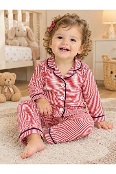 Sönmez Baby İNCE YAKA BİYELİ ÇİZGİLİ MEVSİMLİK PİJAMA İKİLİ BEBE TAKIMI
