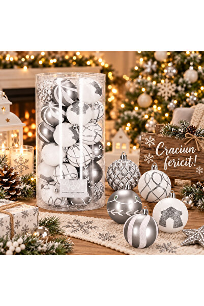 SERSIMO Set globuri de Crăciun cu modele festive, 30 piese, 6 cm, argintii