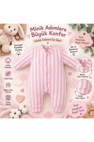 Derin Bebek Giyim %100 PAMUKLU PEMBE ÇİZGİLİ KIZ BEBEK TULUMU