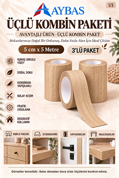 Aybas 5 cm x 5 Metre 3'li Açık Meşe Kendinden Yapışkanlı Ahşap Desenli Kumaş ...