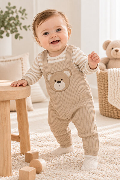 NOTA KİDS Boy Baby 100% Cotton 3-18 Months Beige Color Baby Romper