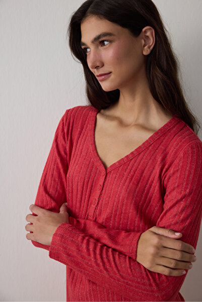 Penti Kırmızı Cozy Time Ekoseli V Yaka Termal Etkili Pijama Takımı