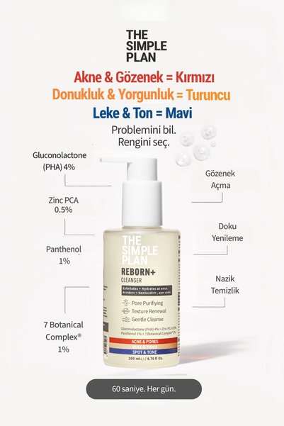 The Simple Plan Reborn Cleanser – Yağlı ve Karma Ciltler İçin PHA + Zinc PCA + Panthenol Jel Yüz Temizleyici 200 ml
