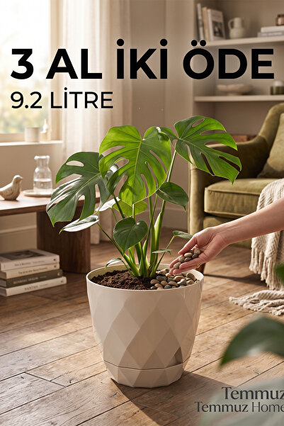 TEMMUZ HOME 9.2 Litre Dekoratif Prizma Desenli Büyük Boy Tabaklı Plastik Saks...