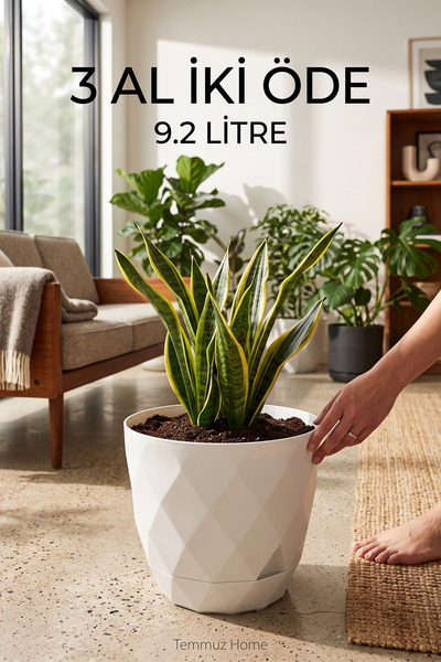 TEMMUZ HOME 9.2 Litre Dekoratif Prizma Desenli Büyük Boy Tabaklı Plastik Saks...