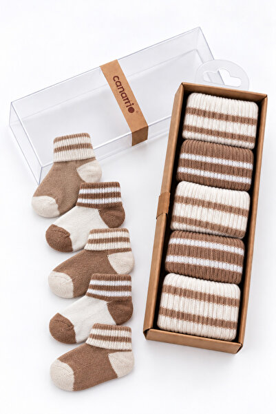 Rocha Baby 5'li Toprak Tonları Çizgili Kutulu Yenidoğan Unisex Bebek Çorap Se...