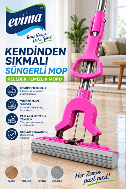 EVİMA Kendinden Sıkmalı Kelebek Mop Sünger Uçlu Temizlik Mopu
