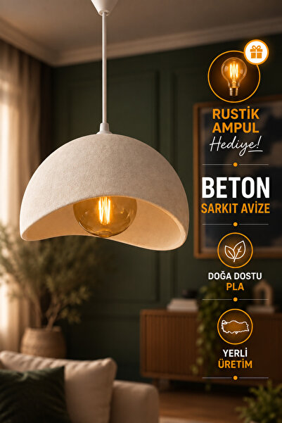 JUTUAL DEKOR Beton Görünümlü Beyaz Tekli Sarkıt Avize Modern Bohem Rustik Sal...