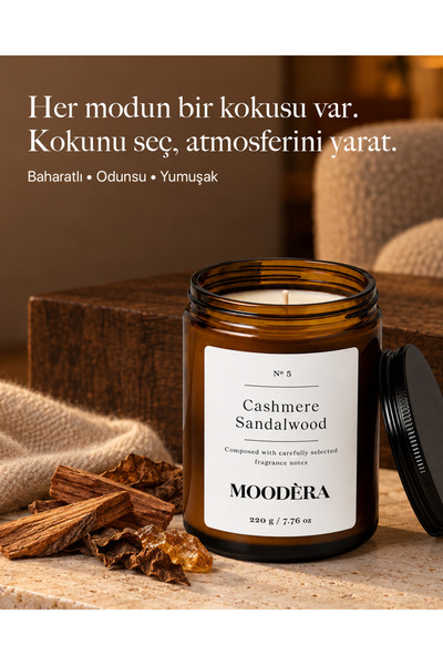 MOODÈRA Sandalwood Kokulu Mum, %10 Koku Esansı, Soya ve Parafin Mum Karışımı Kutulu