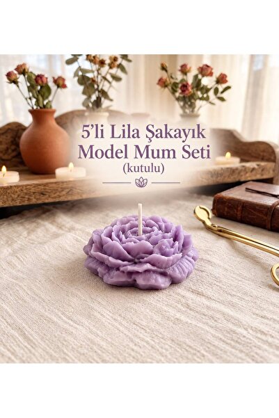 El Yapımı Lila Rengi Dekoratif Şakayık Mum 5 li Paket Kutulu