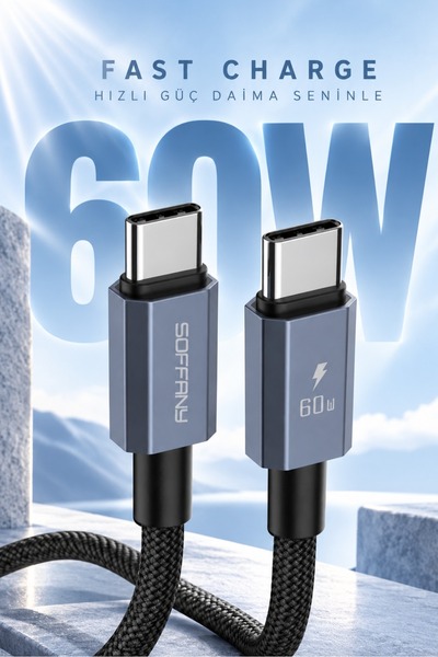 Soffany 60W Hızlı Type-C to Type-C Şarj & Data Kablosu Siyah
