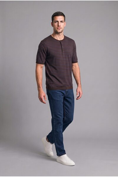 DeFacto 100% Cotton Standard Fit Henley Collar Striped Short Sleeve Knitwear ...