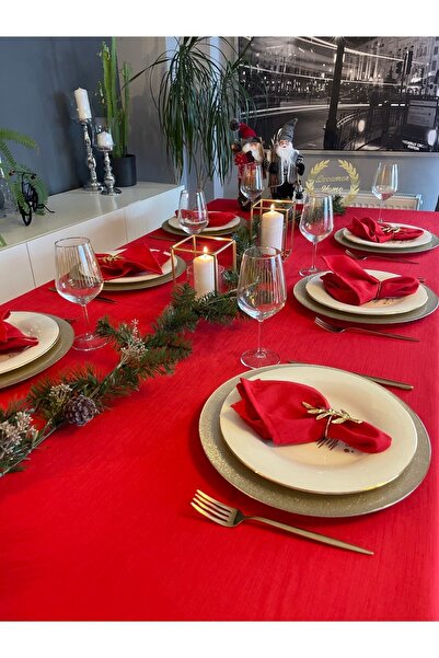 Decamor home Royal Linen Textured Tablecloth Red