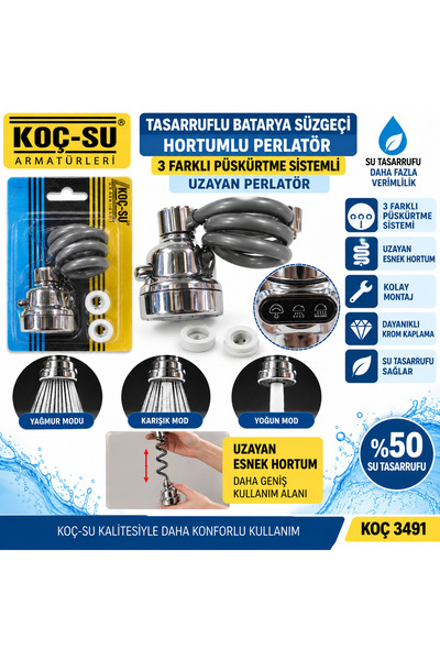 Koç-Su Tasarruflu Batarya Süzgeci Hortumlu Perlatör 3 Farklı Püskürtme Sistemli Uzayan Perlatör Koç 3491