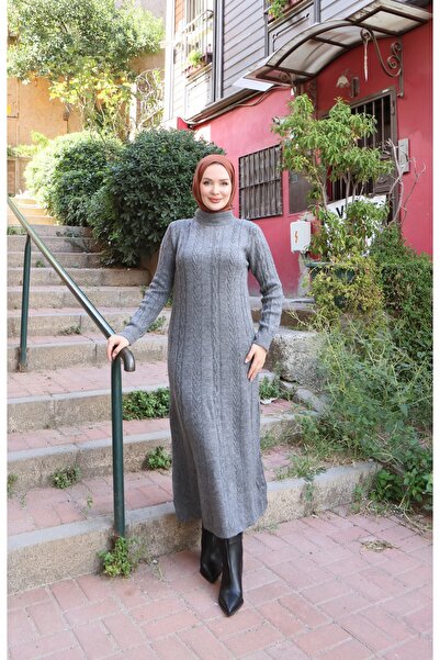 NİSUM MODA فستان تريكو مخطط بتصميم مضفر للشعر