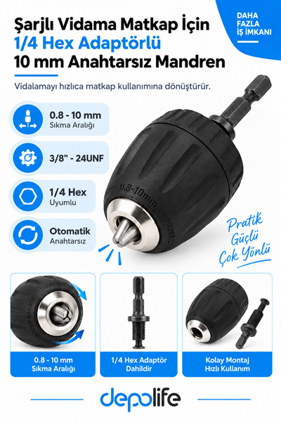 Depolife Şarjlı Vidama Matkap Için 1/4 Hex Adaptörlü Mandren 10mm 3/8 Mm Otom...
