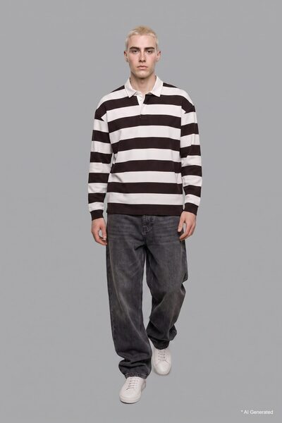 DeFacto Boxy Fit Polo Collar Striped Waffle Sweatshirt E8440Ax26Au