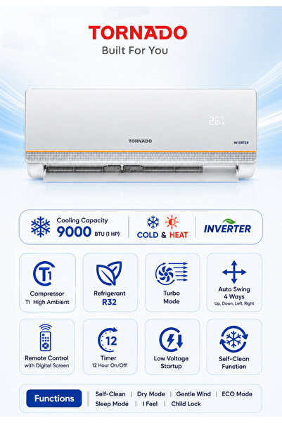 Tornado 1 HP Split Air Conditioner Inverter, 9000 BTU, Cooling & Heating, R32...