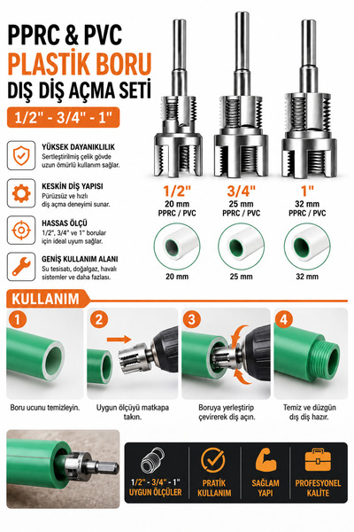 Trendhane PPRC & PVC Plastik Boru Dış Diş Açma Seti – 3'lü Profesyonel Set (1/2" – 3/4" – 1")