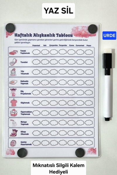 URDE Kız Çocuk Magnetli Yaz Sil Alışkanlık Sorumluluk Takip Planlayıcı Tablos...