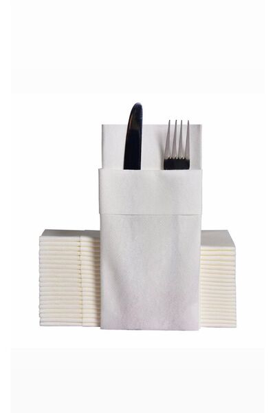 AIRLAID Meyart Home 50 Adet Beyaz Kumaş Dokulu Airlaid Cepli Peçete 40x40 1/8...