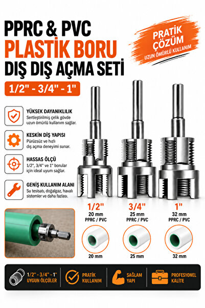 Trendhane PPRC & PVC Plastik Boru Dış Diş Açma Seti – 3'lü Profesyonel Set (1/2" – 3/4" – 1")