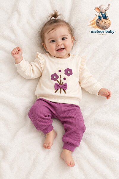 METEOR BABY Baby Girl Floral Embroidered 2-Piece Set with Ruffle Detail, Seas...