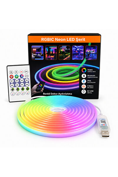 Ledarmy RGBIC Neon LED Şerit 5 Metre 5V USB Bluetooth Uygulama Kontrollü 156 ...