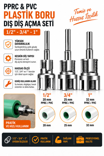 Trendhane PPRC & PVC Plastik Boru Dış Diş Açma Seti – 3'lü Profesyonel Set (1/2" – 3/4" – 1")