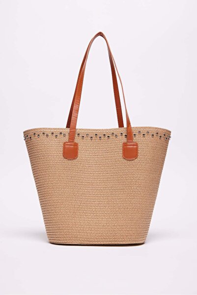PAULMARK Women's Studded Detailed Straw Shoulder Bag