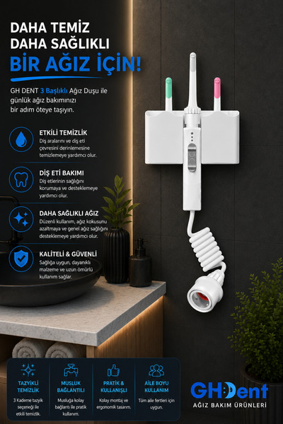 GHDENT Gh15 Manuel Ağız Duşu 3 Başlık | 3 Kademeli Tazyik | BPA FREE & FDA Kriterleriyle Test Edilmiştir.