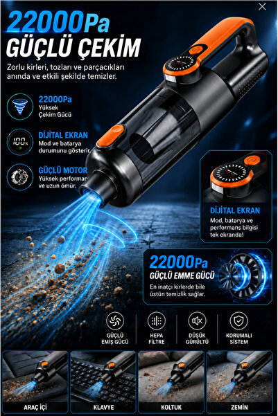 Teknodrone 22000 Pa Işıklı Araç Süpürgesi Kablosuz Vakum ve Üfleme 2in1 10 Başlıklı Metal Filtreli 300 ml Hazneli 5400 mAh Şarjlı Süpürge
