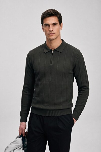 Maccali Men's Woven Detailed Zippered Khaki Polo Knit Sweater
