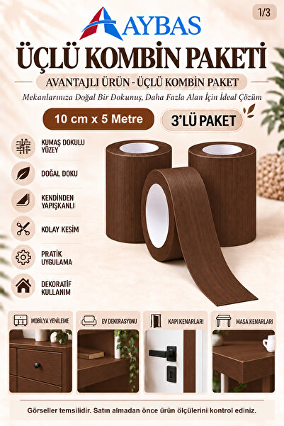 Aybas 10 cm x 5 Metre 3'lü Koyu Ceviz Kendinden Yapışkanlı Ahşap Desenli Kuma...