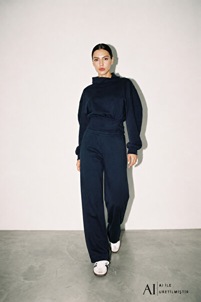 Amia&Co. Women's Navy Blue 3-Thread Cotton Sweatshirt and Wide-Leg Sweatpants...