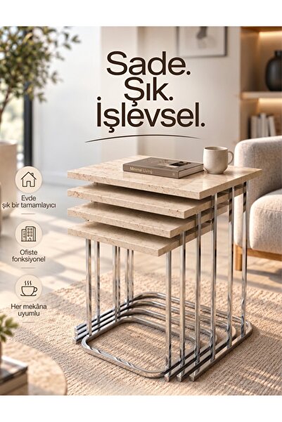 Nokta Sehpa Home 4LÜ RÜYA TREND GÜMÜŞ METAL TRAVERTEN TABLA ZİGON SEHPA YAN S...