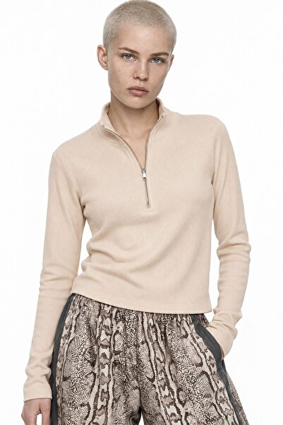 Hiccup Mixray Women's Ribbed Zipper Collar Cropped Blouse