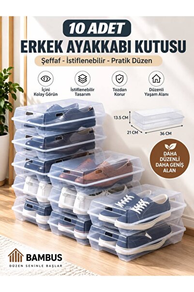 Bambus Fit 10 ' lu Erkek Ayakkabı Kutusu Şeffaf Kapaklı Düzenleyici Organizer