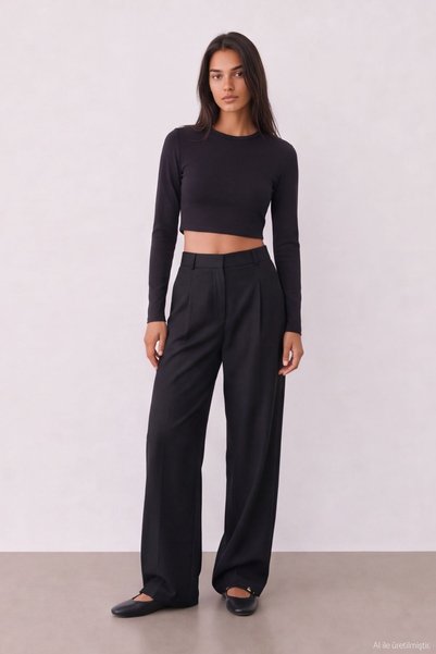 Quzu Kadin Siyah Quzu Bol Kesim Pantolon Pantolon 23K71073-Siyah