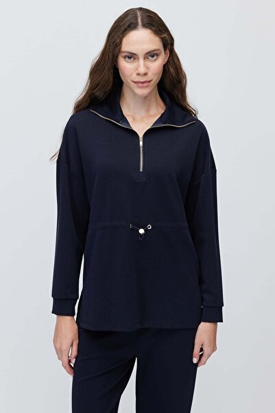 PAULMARK Women's Collared Zippered Knitted Sweatshirt with Drawstring Waist